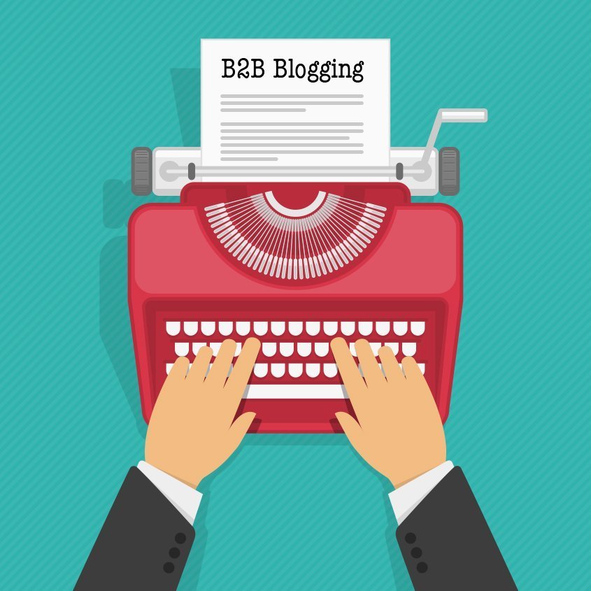 Illustration of hands on a typewriter keyboard with a piece of paper with the words B 2 B Blogging.