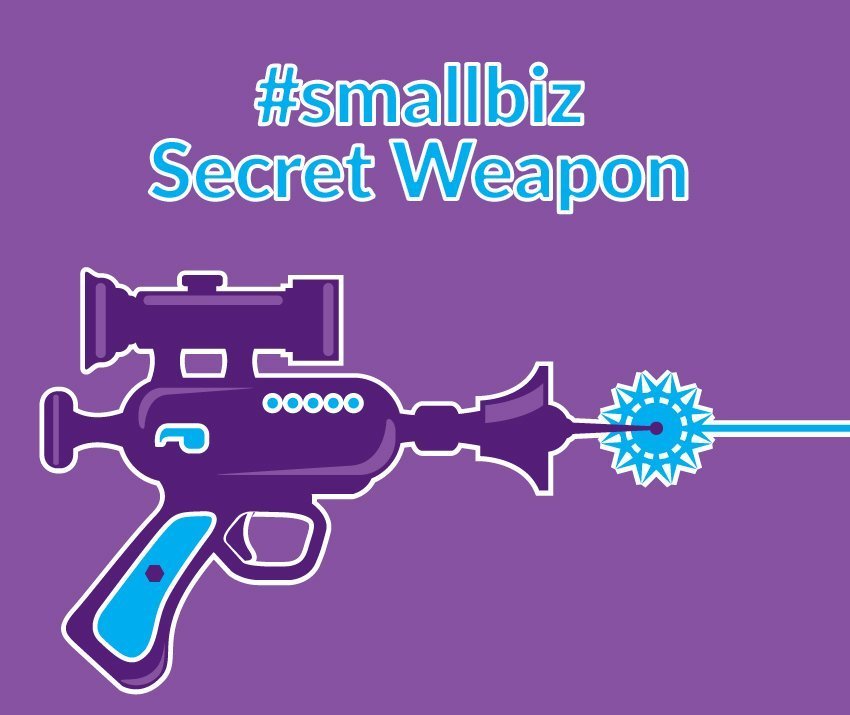 Illustration of a purple ray gun with text that says small biz secret weapon.