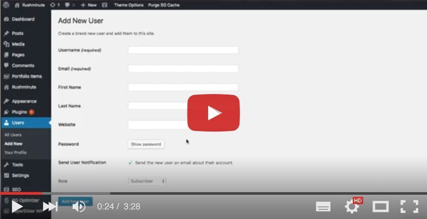 Screen capture of a Wordpress video about adding a new user.