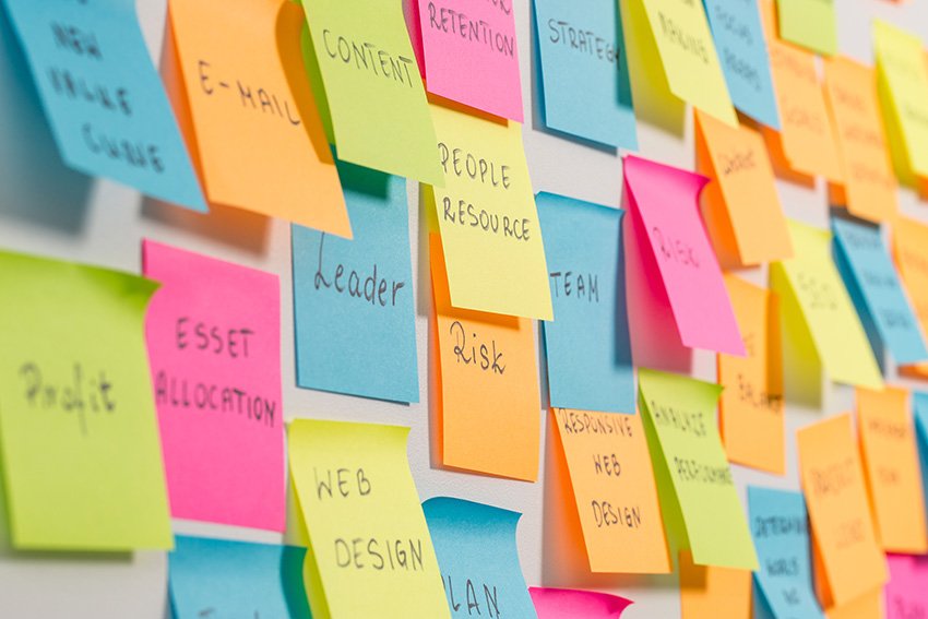 Colorful post-it notes with planning keywords.