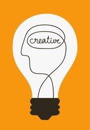 Illustration of a white light bulb with the word creative inside on an orange background.