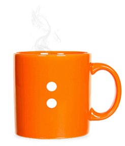 Orange coffee mug with two white dots that match the Rushminute logo.