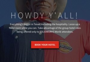 A band from the SolidWorks World 2016 website that links to a search for Dallas area hotels.