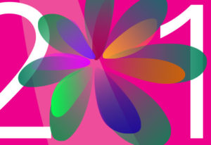 close up of pink Sunovion poster with colorful abstract flower design