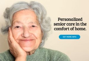 Photo of a senior woman smiling and the CTA text with button for the main portfolio page.