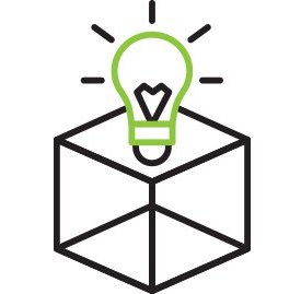Outline illustration of a box with a green light bulb above it.