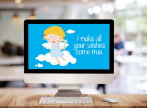 A computer monitor with an illustration of a fairy claiming to make all your wishes come true.