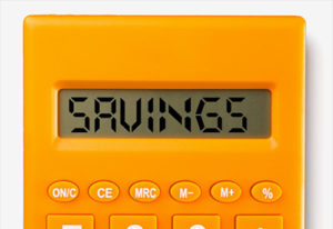 orange calculator with the word savings instead of numbers